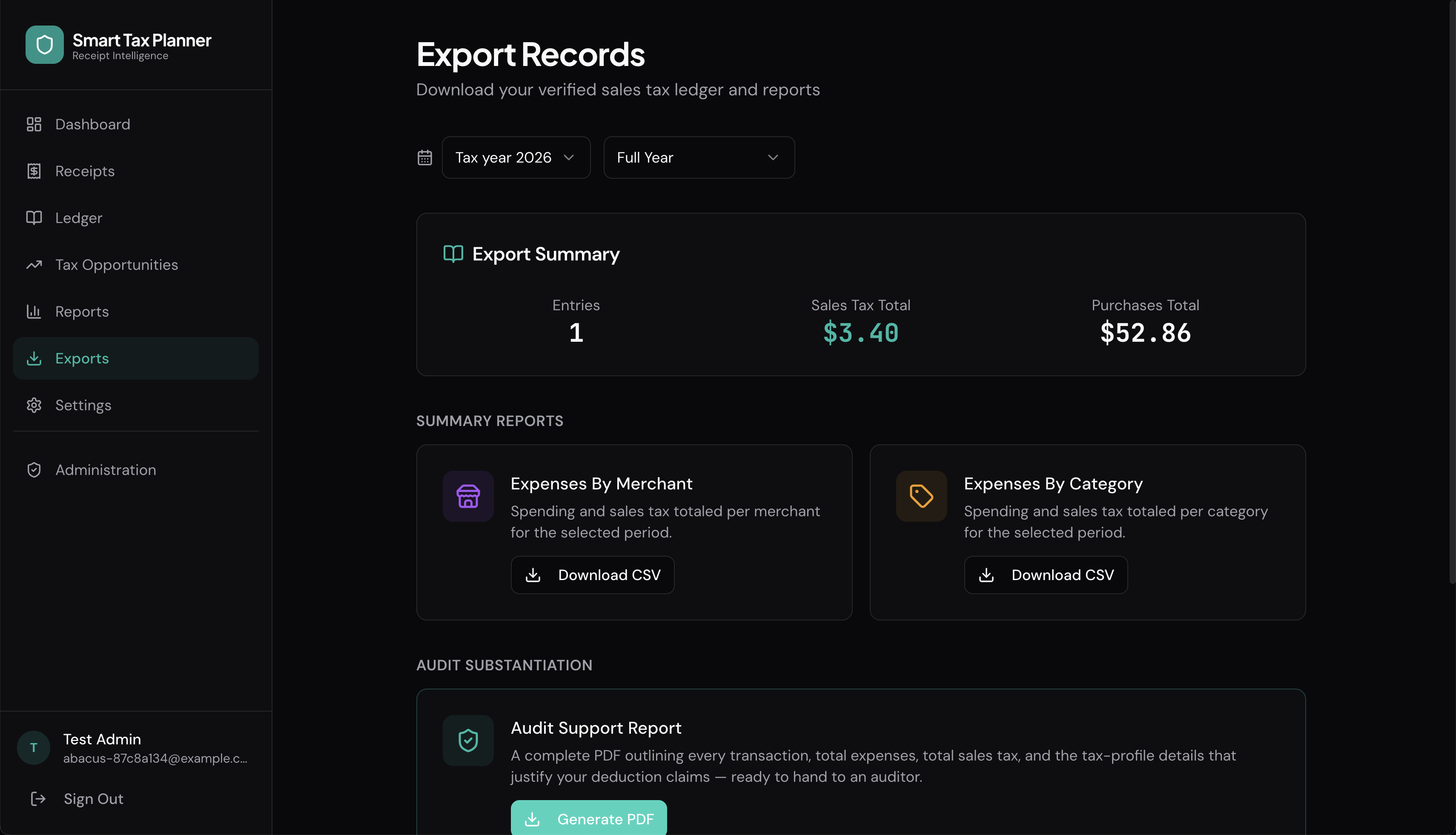 Export Records screen showing export summary, CSV downloads by merchant and category, and an audit support PDF